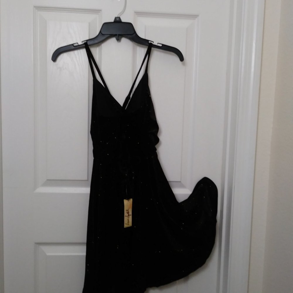 Juniors Black Shimmery Velvet Lace-Up Back Skater Dress - Picture 4 of 12